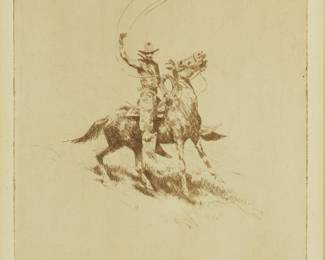 154
Edward Borein
1872-1945
"Ready to Rope"
Drypoint in brownish-black on off-white paper
From the edition of unknown size
Signed and with the artist's remarque, both in pencil, in the lower margin: Edward Borein
Plate: 4.875" H x 3.875" W; Sight: 6.75" H x 4.375" W
Estimate: $800 - $1,200