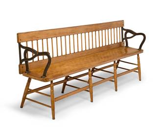 57
A Windsor railroad bench
19th century
The spindle-back long bench with cast iron armrests above turned legs joined by lateral stretchers
33.5" H x 96" W x 20" D
Estimate: $800 - $1,200