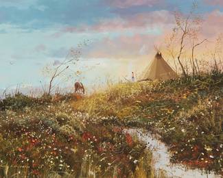 2
Thomas A. DeDecker
b. 1951
"Native American Encampment," 1990
Oil on panel
Signed lower left: Thomas A. deDecker ©; titled in pencil on the frame, verso
24" H x 36" W
Estimate: $2,000 - $3,000
