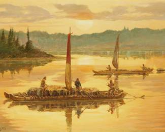 116
Frank D. Hagel
b. 1932
"Sunset on the Missouri," 1992
Oil on Masonite
Signed and dated lower left: Hagel / © 1992; titled on the frame plaque
24" H x 36" W
Estimate: $2,000 - $3,000