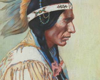 23
George Bertrand Mitchell
1874-1966
Portrait of a Native American man
Pastel on paper
Signed lower right: G.B. Mitchell
Sight: 19.5" H x 15.5" W
Estimate: $300 - $500