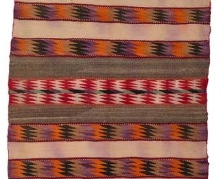 203
A Navajo Transitional banded blanket
Late 19th century, Diné
Woven in multicolor wool, depicting banded and geometric motifs
55.5" H x 34" W
Estimate: $800 - $1,200