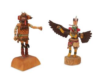 245
Two Hopi polychrome katsina figures
Two works:

Silas Roy (b.1949, Hopi-Tewa)
A kwahu eagle dancer katsina figure, late 20th century
Signed and inscribed to underside: Silas Roy / Hopi / Eagle
The painted carved wood figure depicted with eagle wings and feathers mounted to helmet
9.5" H x 8.75" W x 4.5" D

An ewiro warrior katsina figure, late 20th century
Signed and inscribed to underside: "Ewiro" / Bert
Possibly by Harry Bert (b. 20th century, Hopi-Tewa/Navajo), the painted carved wood figure depicted holding two whips, the helmet mounted with feathers
Overall: 10.5" H x 5.75" W x 5.5" D

2 pieces
Estimate: $200 - $400