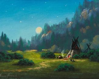 101
Heinie Hartwig
b. 1937
"Moonlight"
Oil on Masonite
With the incised signature lower left: Heinie Hartwig; titled verso
9" H x 12" W
Estimate: $500 - $700