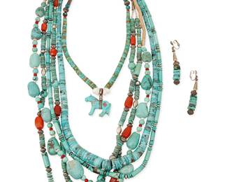 311
A group of Southwest turquoise and carved stone jewelry
Mid/late 20th century
Six works comprising a double-strand necklace with turquoise, coral, carnelian, and silver beads, with a pair of associated earrings, as well as four further turquoise heishi, nugget, and bead necklaces, some with coral and shell heishi, and one with a carved turquoise horse pendant, 7 pieces
Largest: 30" L; smallest: 17.5" L; earrings: 2.75" H
464.6 grams gross
Estimate: $300 - $500