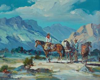 175
Marjorie Reed
1915-1996
Cowboys and horses in a Western landscape
Oil on canvas
Signed lower left: Marjorie Reed
20" H x 25" W
Estimate: $2,000 - $3,000