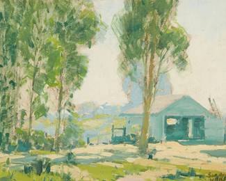 100
Sam Hyde Harris
1889-1977
"Ranch Yard"
Oil on canvas laid to board
Estate signed lower right: Sam Hyde Harris; titled and numbered "284" in pencil, and with the artist's estate stamp, all verso
12" H x 16" W
Estimate: $2,000 - $3,000