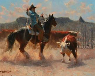 174
Dan Mieduch
b. 1947
"Uncanny," 1986
Oil on Masonite
Signed and dated lower left: Dan Mieduch / 1986 ©; titled on the frame plaque; titled again on an auction label affixed to the verso of the frame
18" H x 24" W
Estimate: $2,000 - $3,000