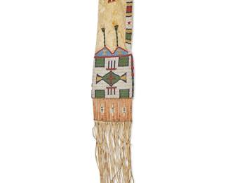 58
A Sioux beaded hide tobacco bag
Early 20th century
The bag with beaded geometric motifs, tin cone accents, and fringe consisting of grass-wrapped segments
With fringe: 37.5" H x 6.25" W
Estimate: $1,000 - $1,500