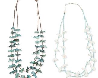 292
Two Zuni Pueblo carved stone fetish necklaces
Late 20th century
Comprising a delicate two-strand necklace of carved turquoise fetish animals with a central owl figure, and others including bears, birds, turtles, and fish, with fine heishi spacers and silver cone clasp (27" L), as well as a two-strand necklace with carved white stone polar bears with fine turquoise heishi spacers, with a silver cone clasp ( 26-28" L), 2 pieces
144.6 grams gross
Estimate: $400 - $600
