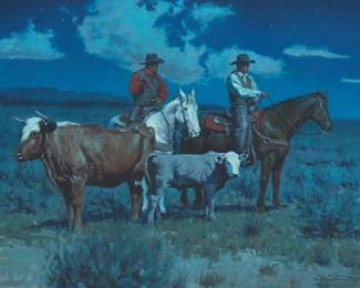 177
Antonio Di Donato
20th/21st century
Cowboys at dusk
Oil on canvas
Signed lower right: Di Donato
18" H x 24" W
Estimate: $1,000 - $2,000