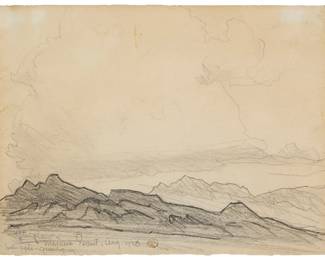 142
Maynard Dixon
1875-1946
"Mojave Desert," 1923
Charcoal and pencil on paper
Unsigned; with the artist's thunderbird brown ink stamp near the center of the lower edge; titled, dated, and inscribed in pencil along the lower edge, at left: "Mojave Desert. Aug. 1923 / after glow / blue. purple. green. gray;" an authentication label, stamped again with the brown ink thunderbird stamp, and signed, titled "Mojave Desert #4," and dated by Edith Hamlin Dixon, all in red ink, is affixed to a section of old mat board which is affixed to the frame's backing paper
6" H x 8" W
Estimate: $2,000 - $3,000
