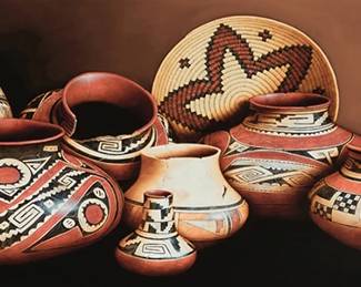 84
Greg English
b. 1967
Still life of Pueblo pottery
Oil on panel
Signed lower left: G. English
30" H x 72" W
Estimate: $1,500 - $2,500