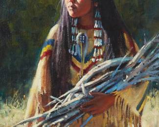 34
Phillip Beck
b. 1949
Indigenous woman gathering kindling
Oil on canvas laid to panel
Signed and with the artist's brand device in the lower right corner: Phil Beck
12" H x 9" W
Estimate: $300 - $500