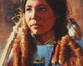 35
Phillip Beck
b. 1949
Native girl
Oil on canvas laid to artist's board
Signed and with the artist's brand device lower right: Phil Beck
12" H x 9" W
Estimate: $300 - $500