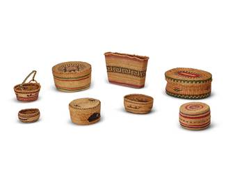 235
A group of Northwest Coast polychrome baskets
Mid-20th century
The twined baskets, most depicting nautical motifs, comprising four lidded baskets, two open baskets, one handled basket, and one narrow and deep rectangular basket
8 pieces
Largest lidded: 3" H x 6.875" W x 5.5" D; Smallest: 1.25" H x 2.875" Dia.
Estimate: $400 - $600