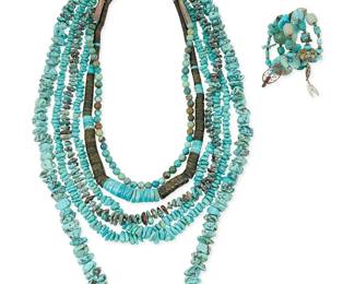 281
A group of Southwest turquoise and stone jewelry
Late 20th century
Large frog signed verso: MB / Zuni
Six works comprising two chunky necklaces with various sized turquoise nuggets, two smaller shaped turquoise bead necklaces, one with diminutive silver bead spacers, and one with green stone beads and long sterling silver cone terminals and clasp, as well as a rolled turquoise and green stone Pueblo-style graduated disc bead necklace, and an expandable spiral wire-strung bracelet with various types of turquoise beads, Zuni carved fetish animals, and silver charms to terminals, 6 pieces
Largest: 35.5" L; smallest: 23" L; bracelet: 6" inner C (unstretched; expandable)
543.7 grams gross
Estimate: $200 - $400