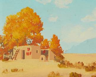 190
Willard Page
1885-1958
"Adobe Hut"
Oil on paper board
Initialed in pencil lower left: WP; titled in pencil in the artist's wife's hand on the frame's backing board
Sight: 3.25" H x 3.25" W
Estimate: $200 - $300