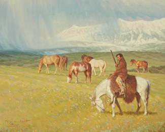 15
Tom Saubert
b. 1950
"Between Sun and Snow"
Oil on Masonite
Signed and with the artist's device lower left: T Saubert; titled on the frame plaque
14" H x 18" W
Estimate: $1,000 - $1,500