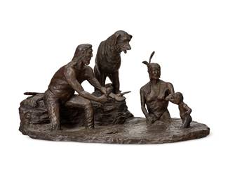 128
George Montgomery
1916-2000
"Sacagawea's Family Teton Mt. 1805," 1990
Patinated bronze
Signed, dated, and titled in the casting: © G Montgomery / To
9" H x 18.25" W x 14" D
Estimate: $1,500 - $2,000