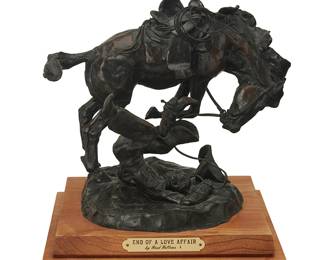 149
Fred Fellows
b. 1934
"End of a Love Affair"
Patinated bronze on wood plinth
Edition: 49/100
Signed and numbered in the casting: Fellows / CA; attributed and titled to metal plaque applied to plinth
Bronze: 9.25" H x 9.5" W x 6.5" D; Overall: 10.5" H x 9.75" W x 7.5" D
Estimate: $800 - $1,200