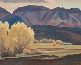 105
Edith Hamlin
1902-1992
"November in our Valley," 1940
Oil on canvas laid to board
Signed and dated lower right: Edith Hamlin / 1940; signed again, titled, numbered "#137," and inscribed "Tuscon, Arizona," all in pencil, verso
12" H x 16" W
Estimate: $4,000 - $6,000