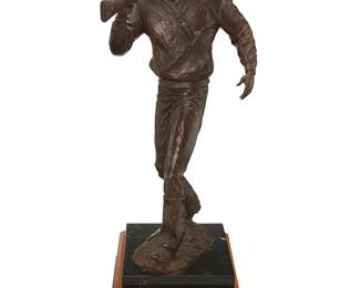 150
Jim Willoughby
1928 - 2004
"Brett at Sun-Up," 1987
Patinated bronze on marble base and wood plinth
Edition: 1/24
Signed, dated, and numbered in the casting: © Willoughby; titled and attributed with metal plaque applied to plinth
Bronze: 18" H x 8" W x 10.75" D; Overall: 21.5" H x 8" W x 10.75" D
Estimate: $300 - $400