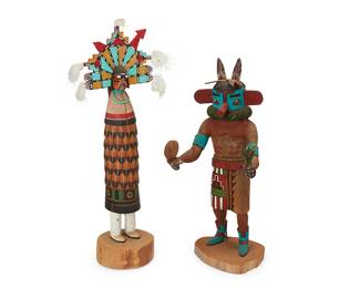 244
Two Hopi polychrome katsina figures
Late 20th century
One signed and dated to underside: Baldwin / Huma / 85; the other titled and signed illegibly: Heheya Kachina
The painted carved wood figures, comprising a heheya katsina figure depicted holding a rattle and bundle of leaves, and a pahlik mana butterfly maiden figure with feathers mounted to elaborate tableta
2 pieces
Butterfly: 12.5" H x 4.75" W x 2.875" D; Heheya: 11" H x 4.75" W x 5.75" D
Estimate: $200 - $300