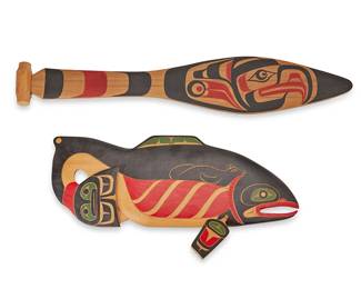 230
Two Northwest Coast carved wood items
Late 20th century
Paddle faintly marked and attributed verso: Made By [possibly reading: 'Kirk Pasco'] / Designed by [illegible]; whale plaque signed verso: John C. August; further incised JCA
Comprising a paddle with red and black eagle motif to one side and a polychrome whale-form plaque with polar bear motif to body by John C. August (b. 20th century, Coast Salish)
2 pieces
Paddle: 27.5" H x 5.125" W x 1.5" D; Whale: 10.375" H x 20" W x 3.25" D
Estimate: $150 - $200