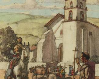 77
Hernando Gonzallo Villa
1881-1952
San Buenaventura Mission
Pastel, watercolor, and graphite on paper
Signed and with the artist's device in pencil lower right: Hernando Villa
Sight: 20.875" H x 15.375" W
Estimate: $800 - $1,200