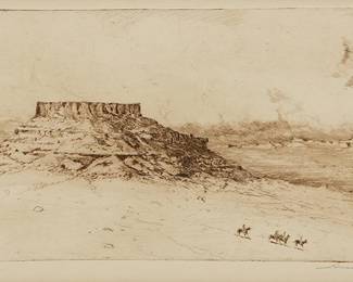 155
Edward Borein
1872-1945
"Black Mesa, New Mexico"
Etching and drypoint in dark-brown ink on cream wove paper
From the edition of unknown size
Signed in pencil in the lower margin, at right: Edward Borein; with the artist's remarque in pencil in the lower margin, at left
Plate: 6.375" H x 12.375" W; Sight: 7.375" H x 13" W
Estimate: $1,500 - $2,500