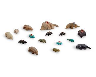 323
A group of Zuni carved stone mole fetish figures
Mid/late 20th century
Some variously signed by the artist
Comprising sixteen mole figures from various makers such as Louise Singer, L. Boone, Georgianne Quandelacy, Fred Weekety, Lex Tsethlikai, and Brandon Gasper, most with turquoise or jet inlaid features, eight mounted with offerings
16 pieces
Largest: 1.375" H x 4.375" W x 3.125" D; Smallest: 0.5" H x 1.75" W x 0.625" D
Estimate: $100 - $200
