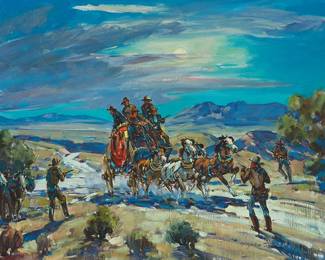 176
Marjorie Reed
1915-1996
"Hold up of the Benson Stage"
Oil on canvas
Signed lower right: Marjorie Reed; signed again and titled in ink on an artist's label affixed to the stretcher bar
24" H x 30" W
Estimate: $2,500 - $3,500