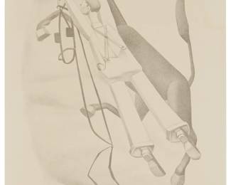 162
Everett Gee Jackson
1900-1995
"Texas Farmer Bridling a Mule"
Lithograph on wove paper
Signed and titled in pencil in the lower margin: Everett Gee Jackson; Lynton Richards Kistler, Los Angeles, CA, prntr. and pub., and with their blindstamp in the lower margin, at left
Image: 11.5" H x 9" W (irreg.); Sheet: 17.625" H x 13.875" W
Estimate: $200 - $300