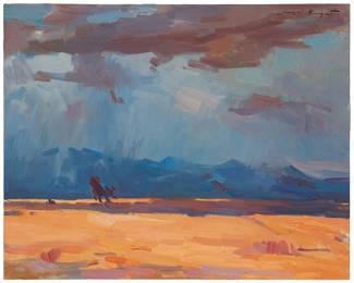 121
Sergei Bongart
1918-1985
Desert at dusk
Oil on canvas
Signed upper right: Sergei Bongart; inscribed in Cyrillic on the stretcher bar
24" H x 30" W
Estimate: $600 - $800