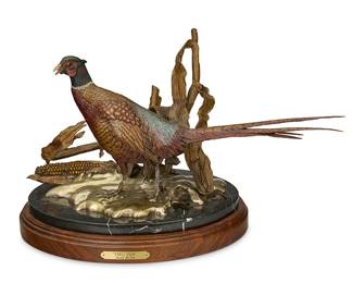 92
Frank DiVita
b. 1949, Italian
"Early Snow"
Patinated, cold-painted, and polished bronze on marble base with wood plinth
Edition: 3/50
Signed and numbered in the casting: F. DiVita ©; titled and attributed to metal tag applied to plinth
Overall: 12.5" H x 20.5" W x 11.75" D
Estimate: $1,500 - $2,500