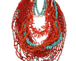 274
A group of Southwest coral and turquoise necklaces
Mid/late 20th century
Five works comprising a six strand coral, turquoise, and multistone necklace, a three-strand branch coral necklace suspending two turquoise and shell jaclas, with a traditional wrapped neck cord, a single strand of graduated turquoise nuggets and heishi, a single strand of graduated red branch coral, and a large multistrand fine coral heishi bead necklace, 5 pieces
Largest: 29" L x 6" H; smallest: 19.5" L
675.5 grams gross
Estimate: $500 - $700