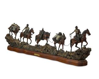 185
James Regimbal
b. 1949
"Highway to Home," 1998
Patinated and cold-painted bronze on a wood base
Edition: 49/75
Signed, dated, titled, and numbered in the casting: Jim Regimbal / © 1998; titled and attributed to metal plaque applied to base
14.5" H x 50.25" W x 7" D
Estimate: $3,000 - $5,000