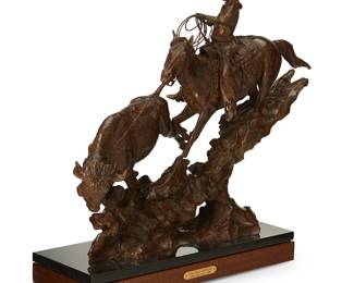 172
Curt Mattson
b. 1956
"Loop Full of Fight," 2012
Patinated bronze on stone base and wood plinth
Edition: 1/9
Signed, numbered, and dated in the casting: Curt Mattson; attributed and titled to metal plaque applied to plinth
Bronze: 22.25" H x 27.75" W x 8.5" D; Overall: 24.75" H x 27.75" W x 9.25" D
Estimate: $600 - $800