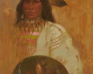 38
Kenneth Riley
1919-2015
"The Brave," 1992
Oil on Masonite
Signed lower right: Kenneth Riley CA; titled on the frame plaque; also titled on exhibition labels affixed to the verso of the frame
16" H x 13" W
Estimate: $8,000 - $12,000