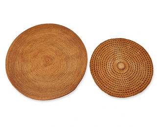 222
Two California basketry gaming trays
Early 20th century
Comprising one larger California coiled tray and one smaller Klamath/ Modoc twined tray with concentric circles of squares
2 pieces
Coiled: 2.25" H x 21.75" Dia.; Twined: 17" Dia.
Estimate: $200 - $300