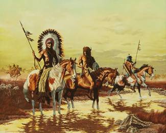 13
Tom Mansanarez
b. 1963
Native Americans on horseback along a river valley, 1981
Oil on canvas
Signed and dated lower left: Tom Mansanarez / '81 ©
20" H x 24" W
Estimate: $700 - $900