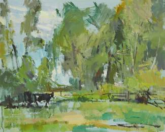 125
Sergei Bongart
1918-1985
Cows in springtime, possibly New Mexico
Oil on canvas
Unsigned; indistinctly inscribed in ink on the canvas overlap
26" H x 32" W
Estimate: $600 - $800