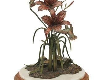 80
Frank DiVita
b. 1949, Italian
"Daylilies"
Patinated and cold-painted bronze on marble base and rotating wood plinth
Edition: AP15
Signed in the casting: F. DiVita ©; with additional incised script signature and edition: Frank DiVita; attributed and titled to metal plaque applied to plinth
Bronze: 14.75" H x 10" W x 9" D; Overall: 16.75" H x 12.5" W x 10.5" D
Estimate: $800 - $1,200