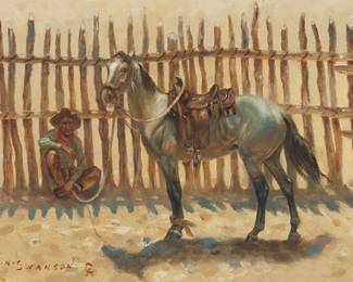 169
Jack Neil Swanson
1927-2014
"Sack Hobbles," 1987
Oil on Masonite
Signed, dated, and inscribed lower left: J.N. Swanson "CA" / © '87; signed again and titled in ink on a Cowboy Artists of America label affixed to the frame, verso; titled again on the frame plaque
10" H x 14" W
Estimate: $1,000 - $1,500