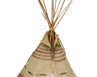 59
A Blackfoot model teepee
Circa 1890s
The polychrome muslin teepee painted with mineral pigments, depicting otter motifs over a wood stick structure
Overall: 19.25" H x 14" W x 12.75" D
Estimate: $2,000 - $3,000