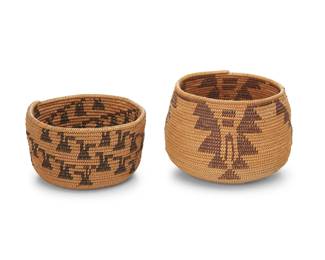 223
Two Maidu basketry bowls
Early 20th century; Northern California
The coiled baskets comprising one with dark red stacked point motifs and another with brown stacked figural motifs
2 pieces
Larger: 3.875" H x 5.875" Dia.; Smaller: 3" H x 5.25" Dia.
Estimate: $600 - $800