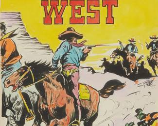 152
20th Century American School
Cover art for an issue of the "Blazing West" comic series
Watercolor, ink, and graphite on paper
Signed with initials indistinctly lower left
Sight: 9.75" H x 7.5" W
Estimate: $200 - $400