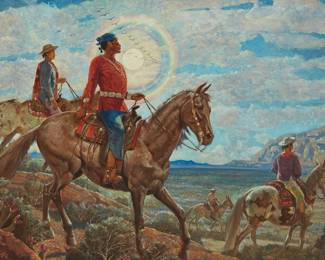 71
Hernando Gonzallo Villa
1881-1952
"Rainbow Moon"
Oil on canvas
Signed lower left: Hernando Villa; titled on a label affixed verso
36" H x 49.5" W
Estimate: $5,000 - $7,000
