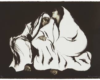 70
R.C. Gorman
1932-2005, Navajo/Diné
"Night," from the "Enigma Suite," 1975
Lithograph in colors on BFK Rives paper
Edition: 45/70
Signed, dated, and numbered in white pencil in the lower right and left corners, respectively: R.C. Gorman / 1975; Hand Graphics, Ltd., prntr.; Pyramid Editions, pub.; with the printer's and artist's blindstamps in the lower sheet corners
Image/Sheet: 22.125" H x 30.25" W
Estimate: $500 - $700
